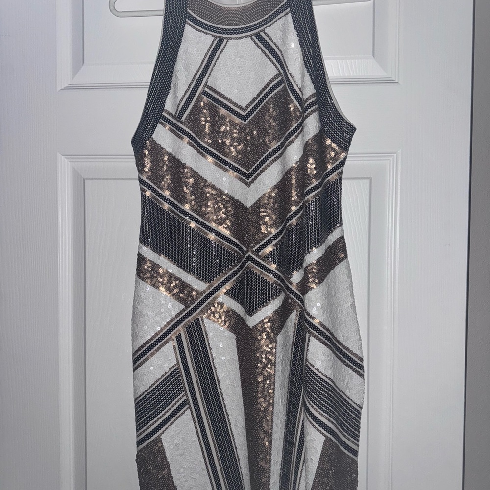 Express Black and Gold Geometric Sequin Mini Dress